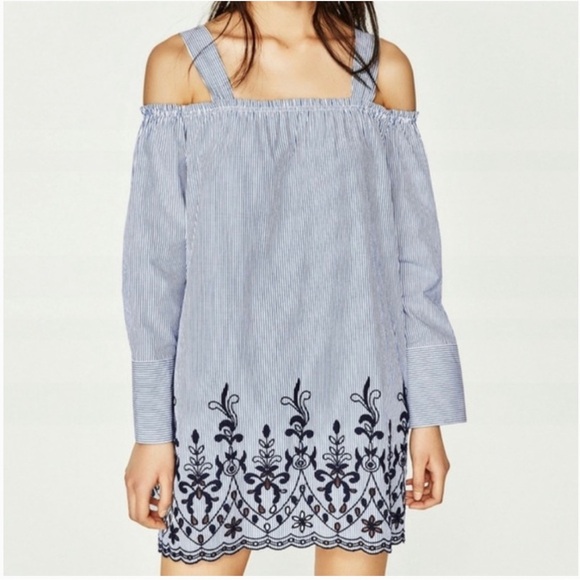 Zara Striped Floral Embroidered Shirt Mini Dress Long Sleeve Eyelets Victorian - Picture 2 of 13